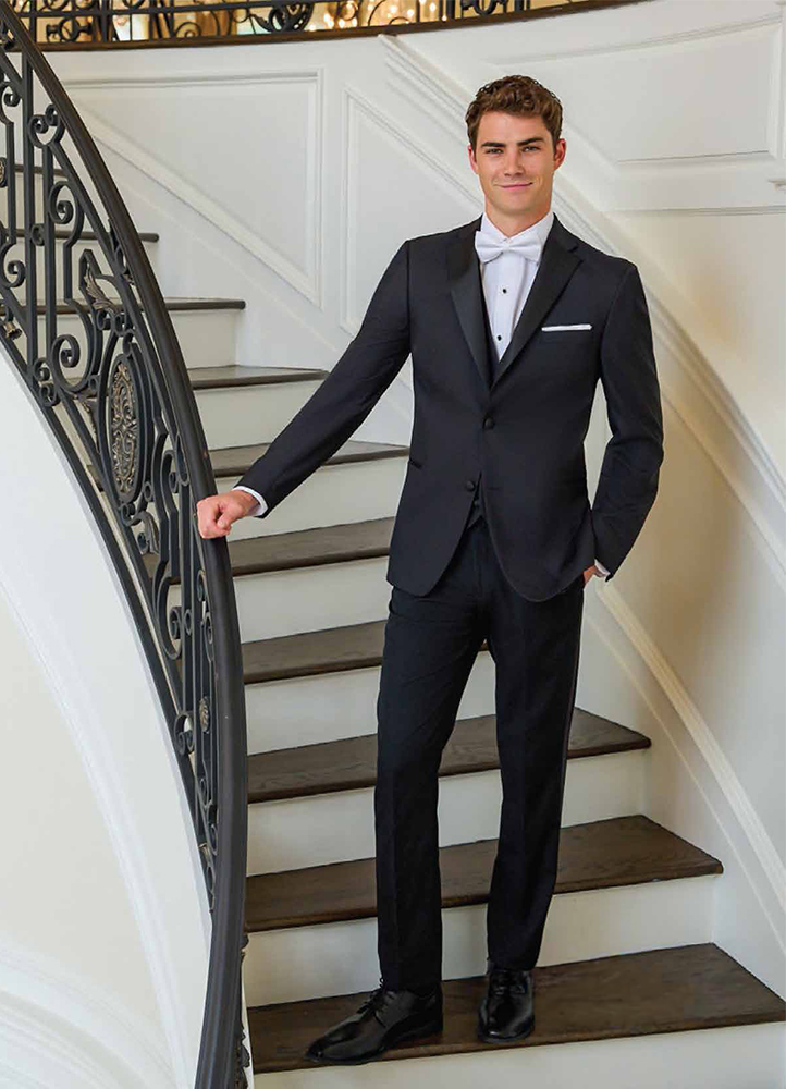 Tuxedos - Couture 1910 Black Wool Tuxedo Couture 1910 black wool tuxedo on a grand staircase - black-tie tuxedo rental in Richardson, TX