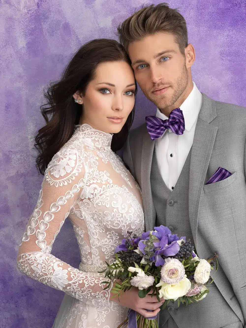 Formal Accessories - Bow Ties and Pocket Squares Heather grey tuxedo with purple striped bow tie and pocket square - formal accessories at Minsky Formal Wear, Richardson