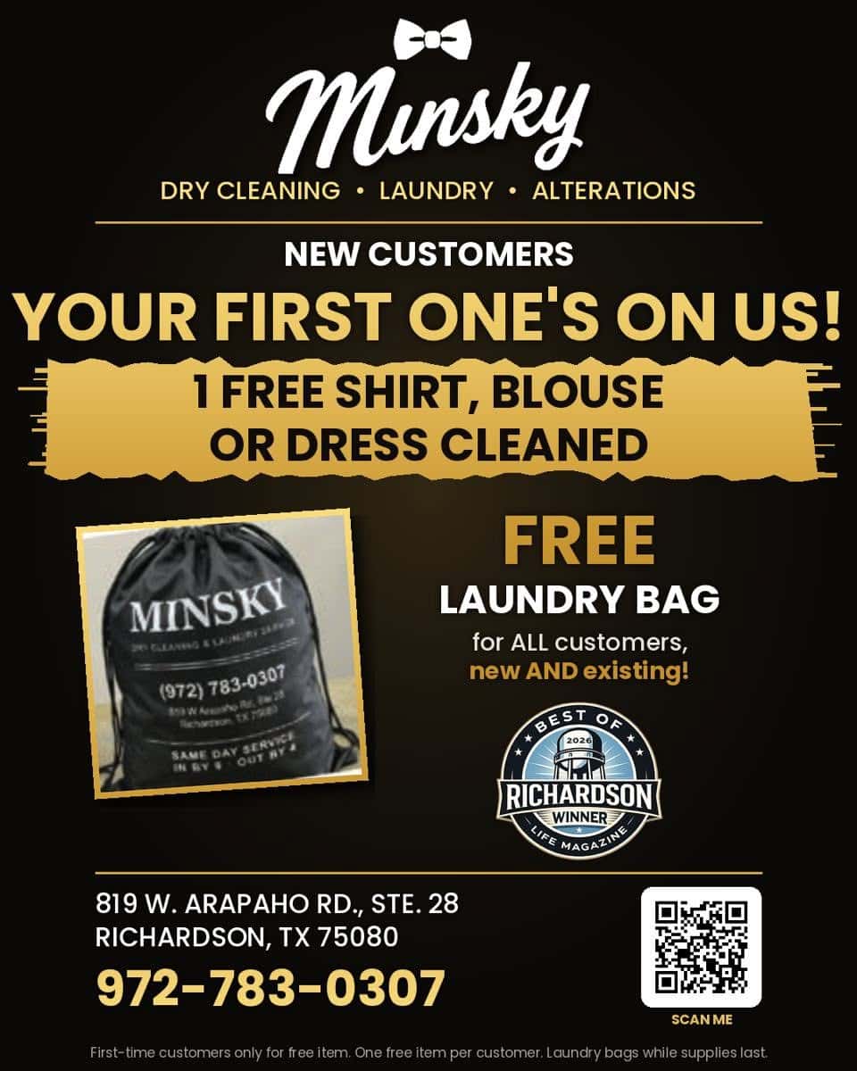 Minsky Cleaners coupon: new customers get 1 free shirt, blouse or dress cleaned, plus a free laundry bag for all customers